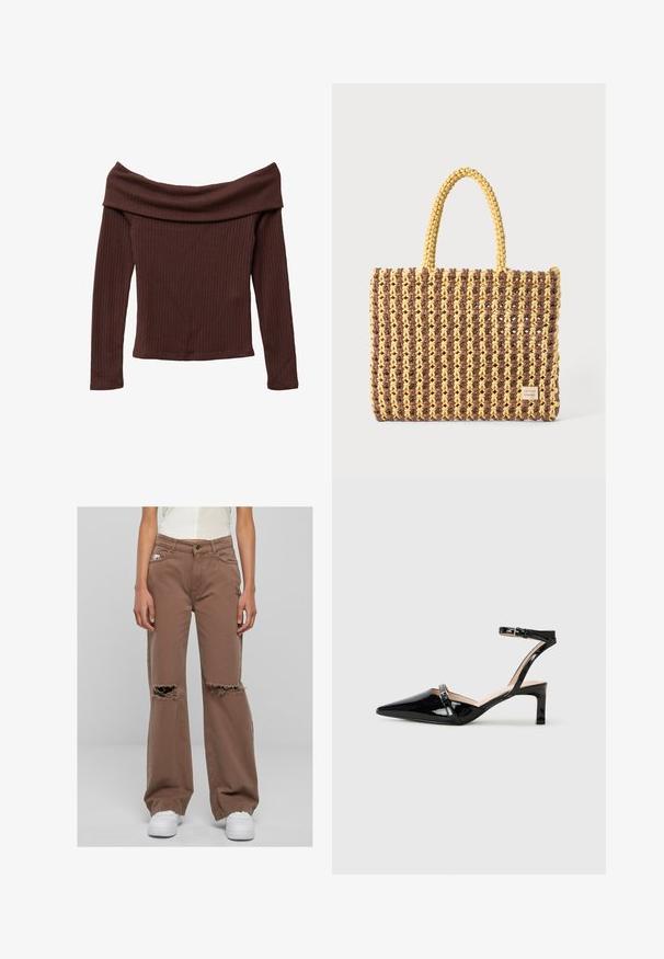 Haut à manches longues, décolleté off-shoulder en tissu côtelé marron foncé. Présente un col large et une silhouette ajustée. Matériau texturé et doux.; Jean large marron en denim, avec des déchirures au niveau des genoux, taille haute et un design classique à cinq poches.; Talons slingback en cuir verni noir avec un bout pointu, une bride au niveau de la cheville et un petit talon, présentant des détails de sangle subtils.; Sac tissé marron et jaune, de forme rectangulaire, avec deux poignées, et une finition texturée avec des coutures visibles et une étiquette de marque.