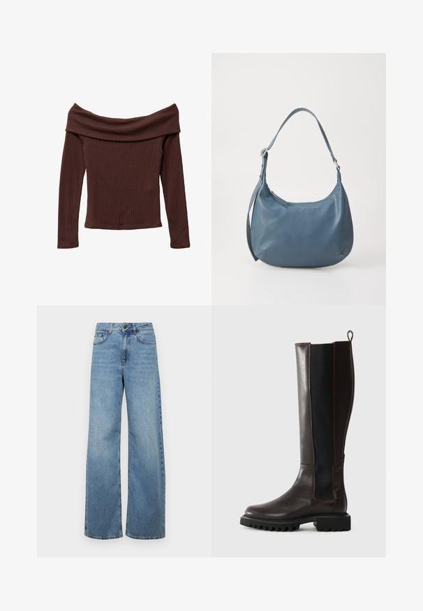 Off-shoulder, lange mouwtop in donkerbruin geribbeld materiaal. Heeft een wijde halslijn en een aansluitende snit. Gestructureerd, zacht materiaal.; Lichtblauwe wijde jeans van denim, met een hoge taille, voorkruiden en een klassieke vijf-pocket ontwerp, met subtiele vervaging.; Bruine leren laarzen tot de knie met elastische zijkanten, robuuste rubberen zool en een trekband aan de achterkant; gestroomlijnd ontwerp met contrasterende texturen.; Blauwe leren handtas met een ronde vorm, enkele schouderriem, ritssluiting en geïmpregneerde merknaam aan de voorkant. Gladde textuur.