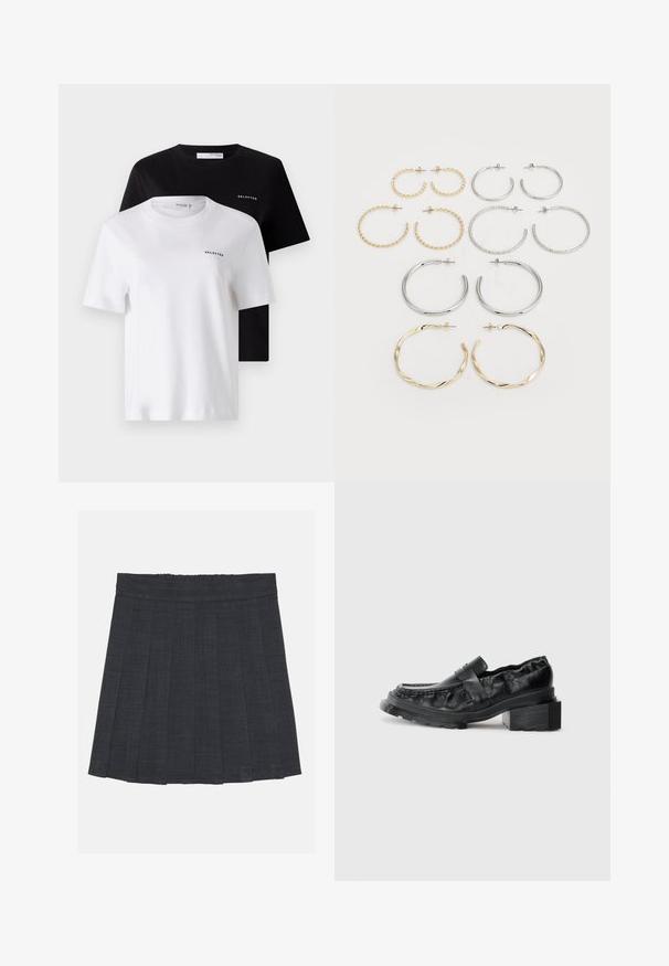 Du dušo trumpo rankovės marškiniai juodos ir baltos spalvos, pagaminti iš medvilnės. Abu turi apvalią kaklą ir mažą "SELECTED" logotipą ant krūtinės.; Tamsiai pilka klostuota sijonas su elastinga juosta, pasižymintis tekstūruotu audiniu ir klasikinė A formos siluetu. Tinka kasdieniam dėvėjimui.; Juodos odinės loafer bateliai su struktūrizuotu padu, turintys šiek tiek pakeltą bloko kulną ir tekstūruotą viršutinę dalį, užsegamus priekiniais dirželiais.; Dvylikos sidabrinių ir auksinių auskarų su kilpomis rinkinys. Apima sukurtas, lygias ir tekstūruotas formas, turinčias įvairius dydžius ir apdailas.