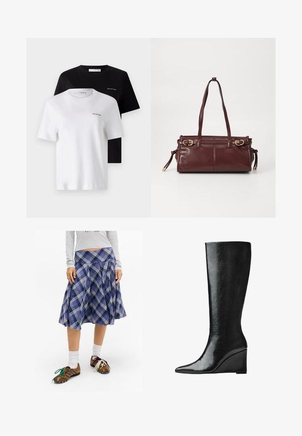 Dwie koszulki z krótkim rękawem w kolorze czarnym i białym, wykonane z bawełny. Obie mają okrągły dekolt oraz małe logo "SELECTED" na piersi.; Niebieska kratkowana spódnica midi z plisami, wykonana z miękkiego materiału. W połączeniu z brązowym obuwiem z kolorowymi sznurówkami i białymi skarpetkami.; Czarne skórzane kozaki sięgające do kolan, z eleganckim, spiczastym noskiem i obcasem w kształcie klina. Powierzchnia jest gładka o błyszczącym wykończeniu.; Burgundowa skórzana torebka na ramię z dwoma paskami, złotym wykończeniem i zamknięciem na zamek. Posiada gładką teksturę i subtelne detale wyszycia.