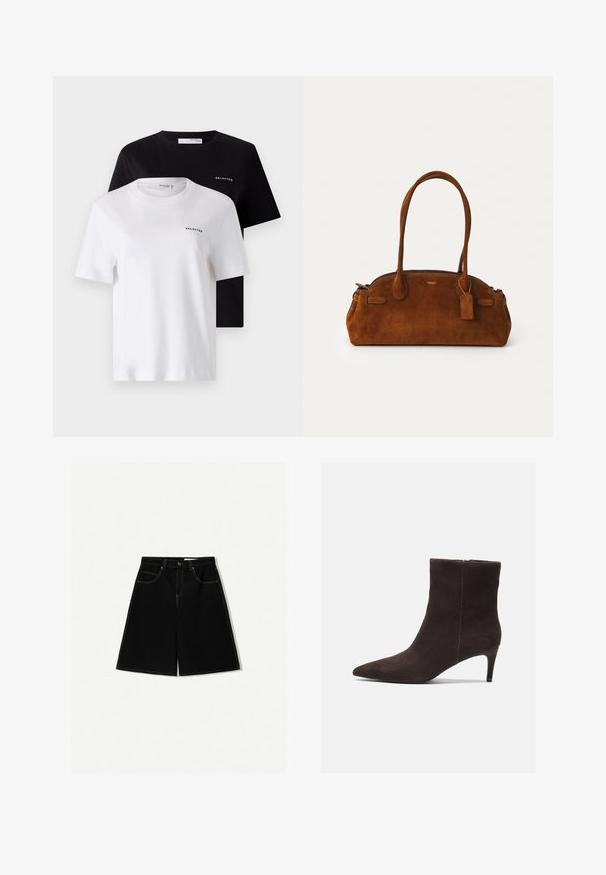 Dve kratke majice s kratkimi rokavi v črni in beli barvi, narejene iz bombaža. Obe imata okrogel ovratnik in majhen logotip "SELECTED" na prsih.; Črne denim kratke hlače ohlapnega kroja, opremljene s petimi žepi, poudarjene z rumenim ponekod šivom in srednjim pasom.; Rjavi semiš gležnjarji s koničastim nosom in 7,5 cm visokim peto, z gladko teksturo in minimalističnim dizajnom. Zadrga na zadnji strani.; Rjava semiš torbica z dvema zaobljenima ročkama, zlatim okovi, majhno oznako in gladkim zadrgo za zapiranje. Ima subtilne šive.