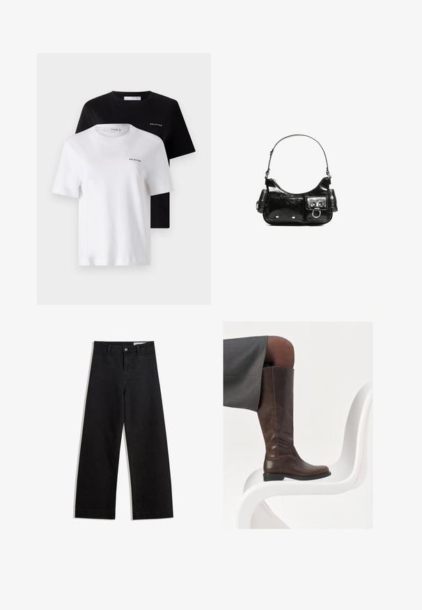 Due magliette a maniche corte, una nera e una bianca, realizzate in cotone. Entrambe presentano un collo rotondo e un piccolo logo "SELECTED" sul petto.; Pantaloni in denim neri a gamba larga con vita alta, dotati di tasche anteriori e posteriori, cuciture a punto, e chiusura con bottone. Texture liscia.; Stivale in pelle marrone alto fino al ginocchio con punta arrotondata, superficie liscia e dettagli di cucitura minimi, posato su uno sfondo chiaro su una sedia bianca.; Borsa a spalla in vernice nera con forma curvata, una tracolla, tasche frontali e dettagli in metallo argentato.