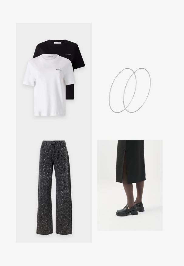 Two short-sleeve t-shirts in black and white, made of cotton. Both feature a round neck and a small "SELECTED" logo on the chest.; Noisy May NMJANNEL LOOSE - Relaxed fit jeans - black denim; Black leather shoes with a rounded toe, thick block heel, and elastic side accents, paired with dark tights and a black skirt with a slit.; Silver hoop earrings with a minimalist design. Circular shape, smooth texture, and thin profile. Lightweight with a polished finish.