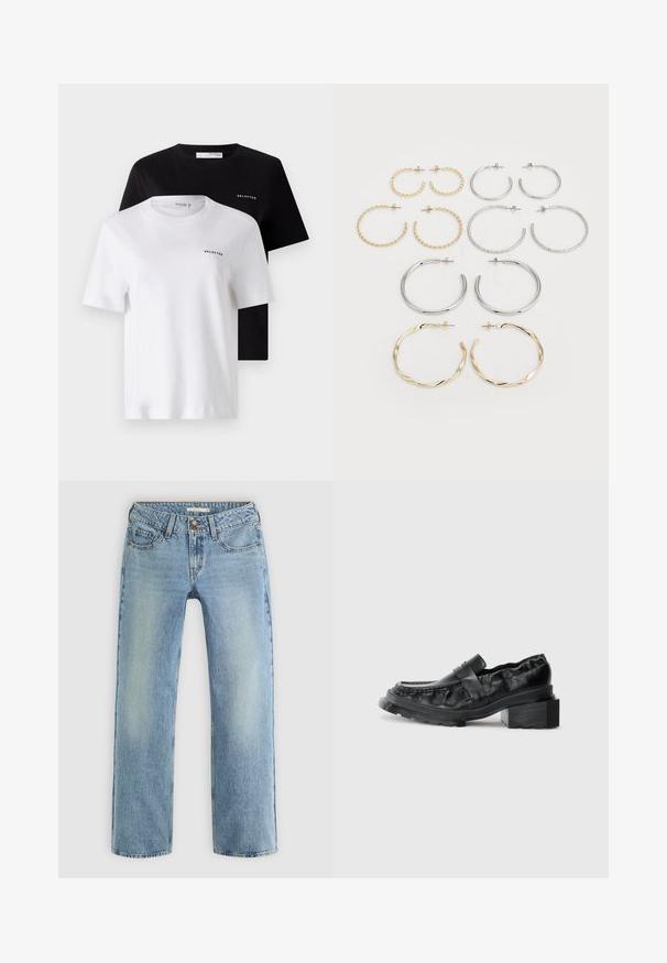 Dve tričká s krátkym rukávom v čiernej a bielej farbe, vyrobené z bavlny. Obidve majú okrúhly výstrih a malé logo "SELECTED" na hrudi.; Svetlo modré džíny so rovnými nohavicami vyrobené z denimu, s gombíkovým zapínaním, piatimi vreckami a jemným vyblednutím pozdĺž nohavíc.; Čierne kožené loafers s pevným podrážkou, s mierne zvýšeným blokovým podpätkom a štruktúrovaným zvrškom, zabezpečené predným pásom.; Sada dvanástich kruhových náušníc v striebornej a zlatej farbe. Obsahuje skrútené, hladké a textúrované vzory v rôznych veľkostiach a povrchových úpravách.