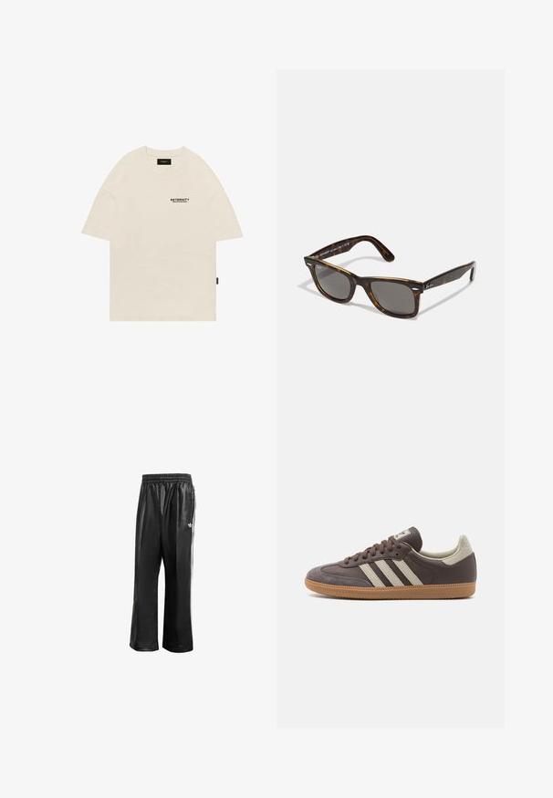 Beige bomulds t-shirt med rund halsudskæring, oversized design og et sort trykt logo på venstre bryst. Lige skåret korte ærmer.; Sorte syntetiske træningsbukser med elastisk talje, prydet med hvide side-striber og et lille hvidt logo på venstre hofte.; Brun lædersneaker med tre lyse striber, gummisål, rund tå og teksturerede ruskindsdetaljer på hælen og tåen.; Skildpaddebrune solbriller med grå linser og en firkantet stel, der har metalliske detaljer på stængerne og logoet inden for designet.