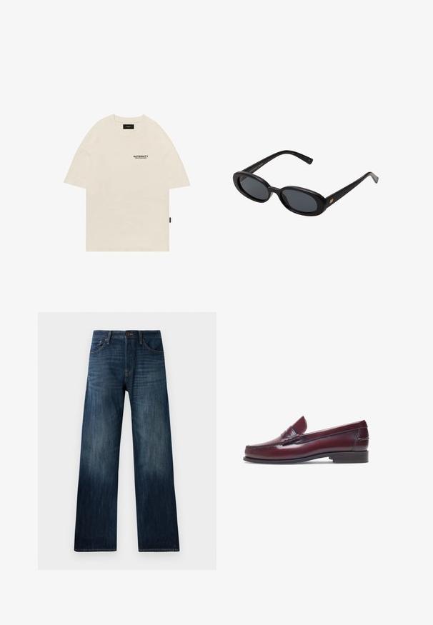 T-shirt en coton beige avec un col rond, au design surdimensionné, et un logo imprimé noir sur la poitrine gauche. Manches courtes à coupe droite.; Jeans en denim bleu foncé avec une coupe droite, présentant une texture légère, des passants de ceinture, et un style classique à cinq poches.; Mocassin en cuir bordeaux avec un bout arrondi, des détails cousus et un petit accent décoratif sur le devant. Semelle plate contrastante.; Lunettes de soleil noires surdimensionnées avec des verres ovoïdes, monture en plastique lisse et accents dorés sur les tempes. Les verres sombres offrent une protection contre le soleil.