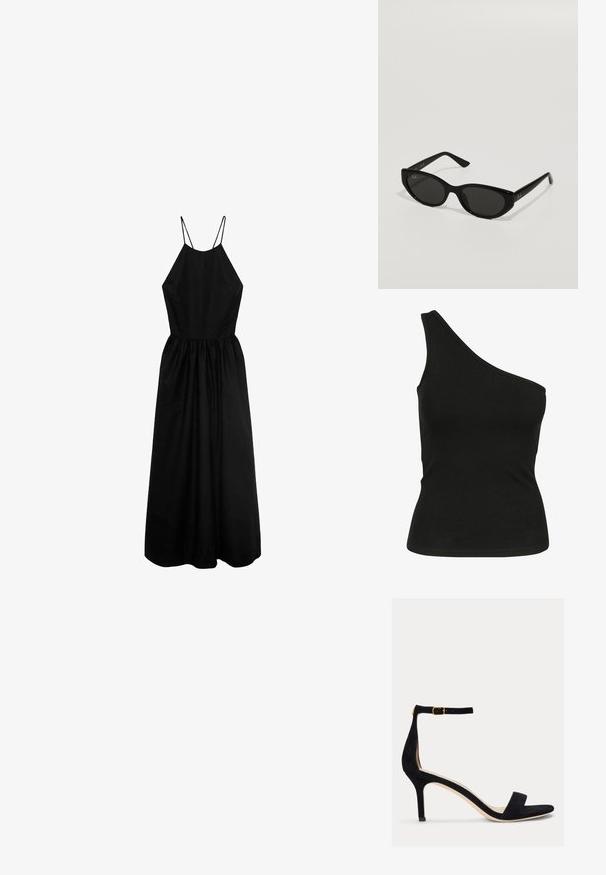 Mustan, yhden olkapään toppi, joka on valmistettu sileästä kankaasta, ja siinä on tiukka siluetti sekä siisti, ommeltu kaula-aukko. Ei näkyviä kuvioita tai koristeita.; Musta ilmanhiha dressi, jossa on korkea kaula-aukko, hyvin istuva vartalonosa ja kerrottu hame. Valmistettu sileästä kankaasta, jossa on ohuet olkaimet.; Lauren Ralph Lauren ALLIE MID HEEL SUEDE SANDAL - Sandaalit nilkkaremmillä - black; Mustat aurinkolasit, joissa on kapea kissamainen muoto. Valmistettu sileästä muovista, tummilla linsseillä ja hienovaraisilla logokorostuksilla temples.