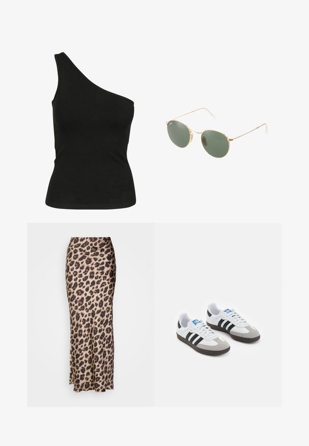 Czarny, top na jedno ramię wykonany z gładkiego materiału, o dopasowanej sylwetce i czystym, wykończonym szwem dekolcie. Brak widocznych wzorów i akcentów.; Spódnica midi w cętki z gładkiego satynowego materiału. Posiada dopasowany krój z delikatnym rozcięciem na dole, co umożliwia swobodne poruszanie się. W neutralnych odcieniach beżu i brązu.; Buty sportowe z białą skórzaną cholewką, szarym zamszowym noskiem i trzema czarnymi paskami. Posiadają niebieskie logo na języku oraz teksturowaną gumową podeszwę.; Okulary przeciwsłoneczne w złotej metalowej oprawie z zielonymi soczewkami, o okrągłym kształcie, cienkich zausznikach i białych plastikowych akcentach na końcach ramion.
