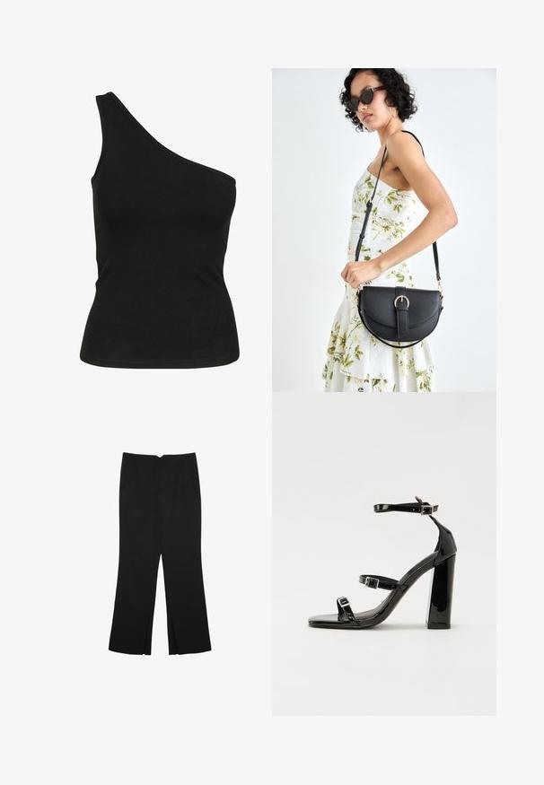 Sort, en-skulder tanktop lavet af glat stof, med en tætsiddende silhuet og en ren, syet halsudskæring. Ingen synlige mønstre eller detaljer.; Sorte bukser med lige pasform, der har frontlommer og slidser i kanten. Lavet af blødt, glat stof. Velegnet til forskellige anledninger.; Sorte patenterede hælsandaler med firkantet tå, ankelremme og sølvspænder. Har en chunky blokHæl for stabilitet.; Sort læderhåndtaske med en buet form, aftagelig rem og guldfinish. Tasken har en klap med en spænde detalje.