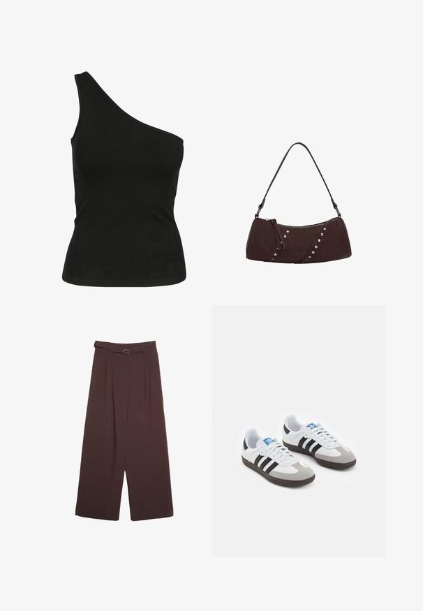 Sort, en-skulder tanktop lavet af glat stof, med en tætsiddende silhuet og en ren, syet halsudskæring. Ingen synlige mønstre eller detaljer.; Stradivarius WIDE-LEG WITH BUCKLE DETAIL - Bukser - dark brown; Sportsko med en overdel i hvid læder, grå ruskind på tåen og tre sorte striber. Har et blåt logo på tungen og en struktureret gummisål.; Brun syntetisk læder håndtaske med en buet form, lynlåslukning og dekorative sølvnitter langs den ene side. Har en kort skulderrem.