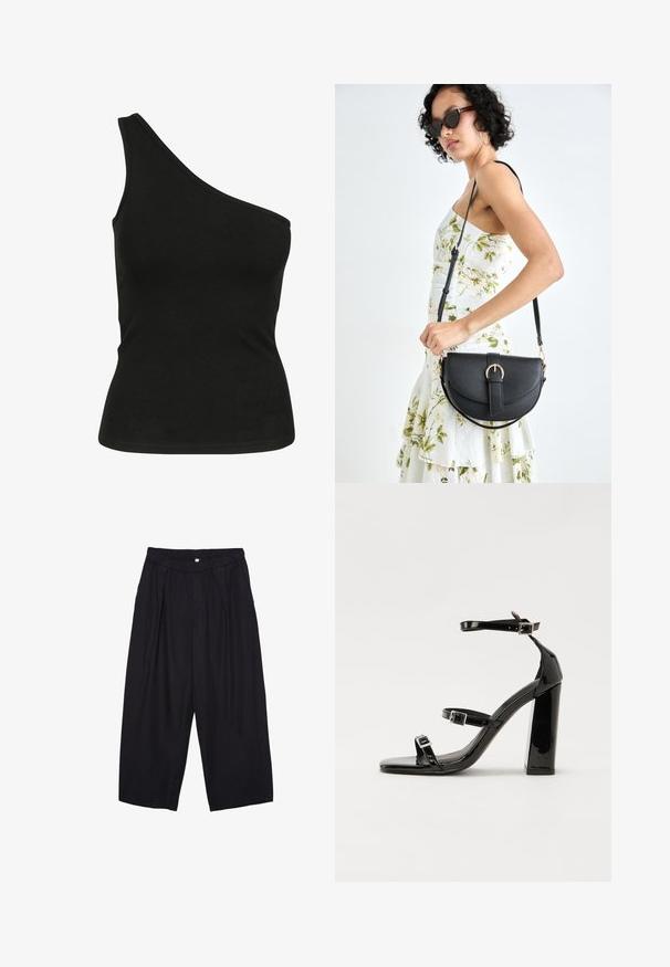 Sort, en-skulder tanktop lavet af glat stof, med en tætsiddende silhuet og en ren, syet halsudskæring. Ingen synlige mønstre eller detaljer.; Sorte polyester culotte bukser med elastisk talje, to forpiber og en løs silhuet. Ingen synlige mønstre eller hardware detaljer.; Sorte patenterede hælsandaler med firkantet tå, ankelremme og sølvspænder. Har en chunky blokHæl for stabilitet.; Sort læderhåndtaske med en buet form, aftagelig rem og guldfinish. Tasken har en klap med en spænde detalje.