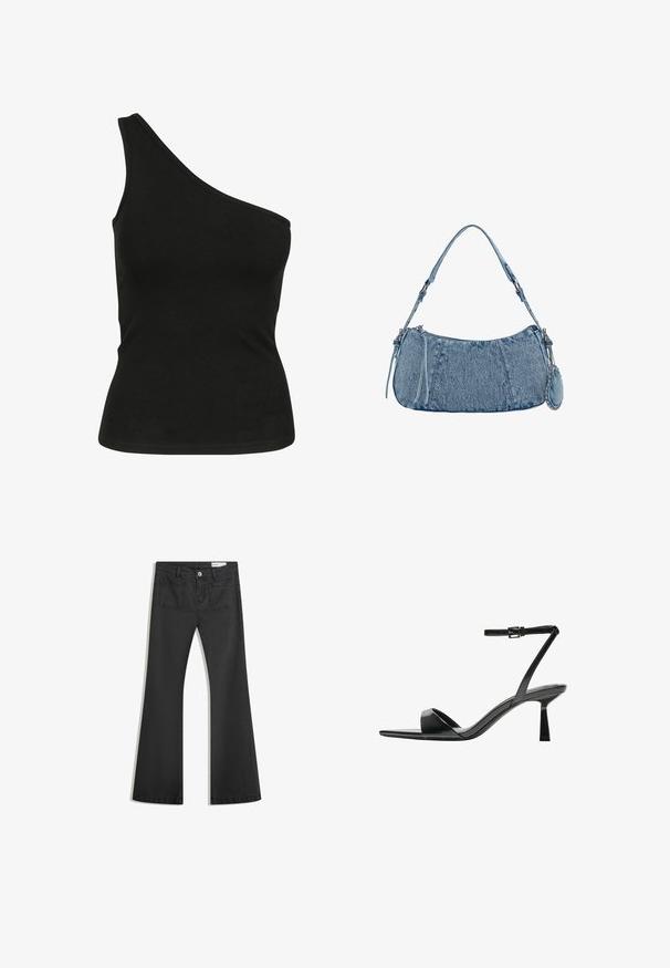Fekete, egyvállas top sima anyagból, testhez álló sziluettel és letisztult, varrott dekoltázzsal. Nincsenek látható minták vagy kiegészítők.; Fekete, sima textúrájú farmer flare nadrág, két hátsó zsebbel és gombos derékkal.; Bershka Magas sarkú szandálok - black; Farmer táska ívelt formával, világoskék színben, állítható vállpánttal és egy kis levehető tasakkal, fémes részletekkel.