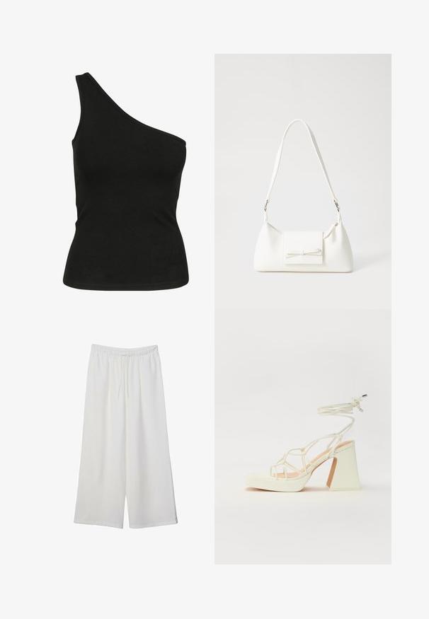 Sort, en-skulder tanktop lavet af glat stof, med en tætsiddende silhuet og en ren, syet halsudskæring. Ingen synlige mønstre eller detaljer.; Hvide vidde bukser lavet af letvægtsstof, med en elastisk talje og snøre for justerbar pasform. Glat tekstur.; Hvide højhælede sandaler med en kraftig hæl, der har et stropdesign og ankelbinding. Glat tekstur med en platform foran for ekstra højde.; Hvid syntetisk håndtaske med en trekantet form, flad forsideklap og sløjfedetalje, justerbar strop, glat tekstur og minimalistisk design.