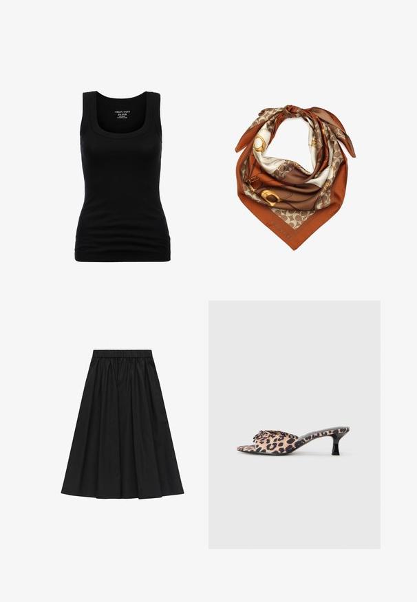 Zwarte tanktop met een ronde halslijn en brede schouderbanden, gemaakt van rekbare katoen, met een aansluitende pasvorm en een soepele textuur.; Zwarte, knie-lange rok met een elastische tailleband, met een textuurstof en een geplooid ontwerp, dat een volumineuze vorm creëert.; Luipaardprint muiltjes met een lage, zwarte stilettohak. Bovenwerk van zacht materiaal met een knoopdetail aan de voorkant en een gladde, platte zool.; Zijden sjaal met een bruin en crème patroon, met gouden accenten. Afgewerkte randen en een merklabel "COACH" in de hoek. Driehoekige vorm.; Zwarte suède tote bag met een V-vormig ontwerp, platte handvatten en een gouden accent rits. Zacht van textuur, minimalistische stijl en geen zichtbare hardware.