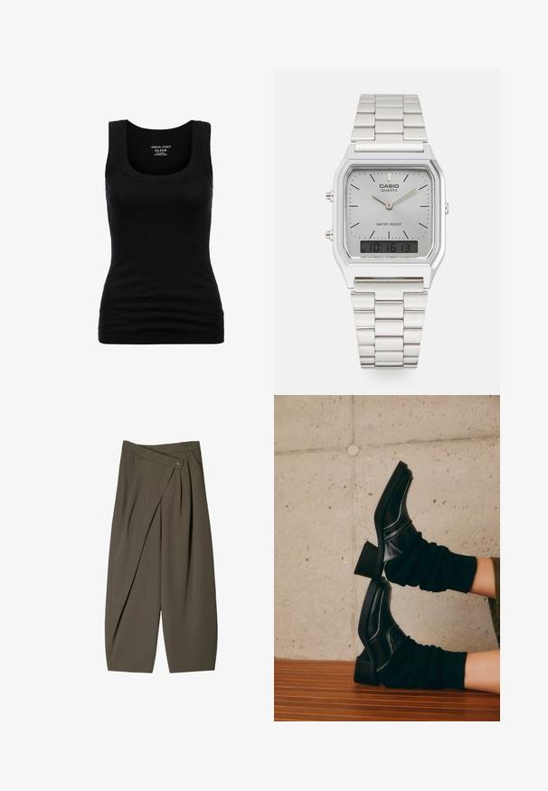Black tank top with a round neckline and wide straps, made of stretchable cotton material, featuring a fitted silhouette and smooth texture.; Wide-fit trousers in dark olive green fabric, featuring a pleated front design, a button closure, and a polished, textured surface.; Black leather ankle boots with white stitching, block heels, and gathered black socks, resting on a wooden surface against a concrete wall.; Silver Casio quartz watch with rectangular face, analog and digital displays, stainless steel bracelet, and water-resistant features.