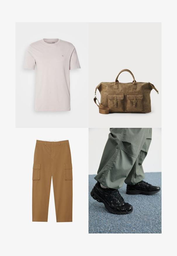 Lys beige bomull t-skjorte med rund hals, korte ermer og en liten logodetalj på brystet. Glatt tekstur, avslappet passform.; Brune cargo bukser med to sidelommer, en flad front og lige ben. Lavet av et slitesterkt stoff med en jevn tekstur.; Svarte sportssko med glossy og mesh teksturer, med en tykk såle og lisser, kombinert med løse olivengrønne cargo-bukser.; Brun lær duffelbag med to frontlommer, justerbar skulderrem, gullfarget maskinvare og robuste topphåndtak. Glatt tekstur.