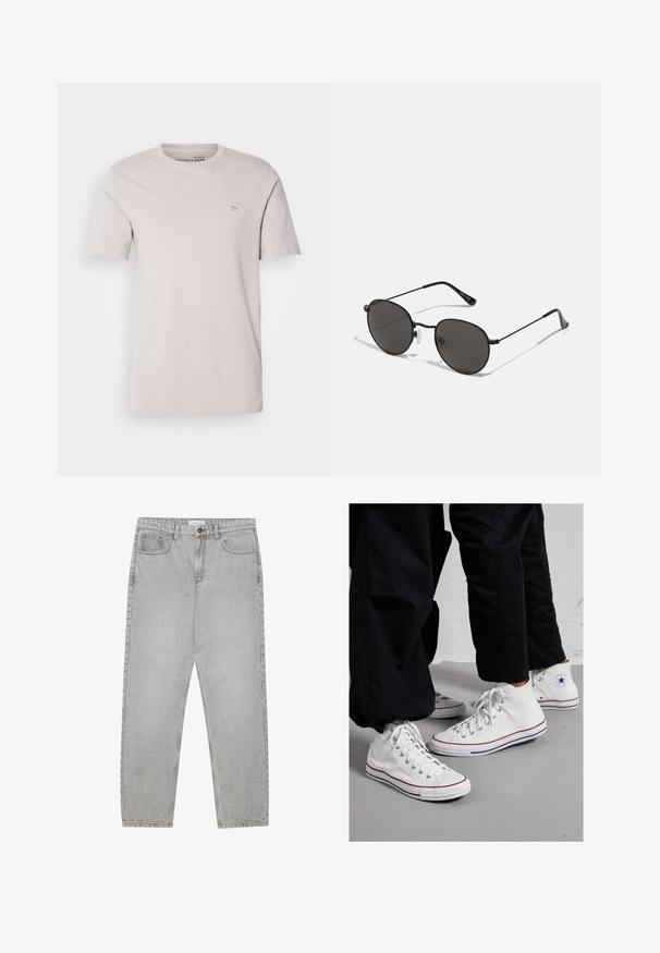Hele beežist puuvillast t-särgist, millel on ümar kaelus, lühikesed varrukad ja väike logo detail rinnal. Sile tekstuur, mugav lõige.; Heledad hallide denimpüksid otse säärekujundusega, viie-taskulise stiliseerimise ja nupukinnitusega. Nähtav õmblus kõrvuti.; Valge kanvasest kõrgemad spordijalatsid kummist tallaga, millel on hõbedased silmad ja punased ning tumesinised triibud tallal.; Ümarad prillid õhukese musta metallraami, tumedate läätsede ja reguleeritavate nina padjanditega. Raamide külgedel on peen brändi detail.