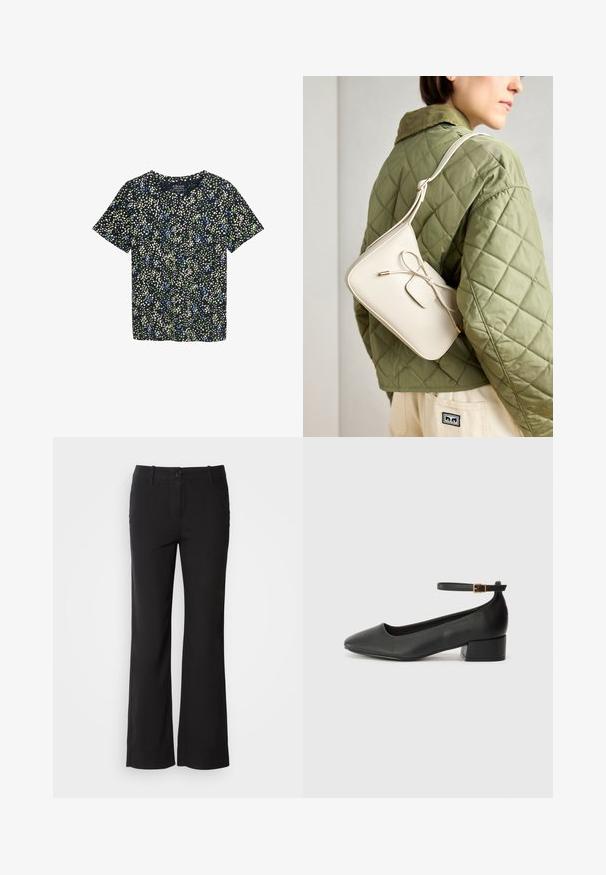 Trumpas rankovėmis marškinis tamsiai mėlynos spalvos audiniu su gėlėmis, turintis žalių, mėlynų ir kreminių taškelių. Apvalus iškirpimas ir laisvas kirpimas.; Juodi medvilnės mišinio kelnės su tiesiu kirpimu, priekyje su mygtukų užsegimu ir dviem šoninėmis kišenėmis. Lygi tekstūra, be matomų raštų.; Juodas odinis aukštakulnis batelis su smailiu pirštu ir žemu bloku. Su kulkšnies dirželiu su auksinės spalvos sagtimi. Lygus paviršius.; Bežinė odinė per petį nešama rankinė su kaspino detalėmis, auksinėmis detalėmis ir viena reguliuojama petneša, dėvima ant žalios siuvinėtos striukės.