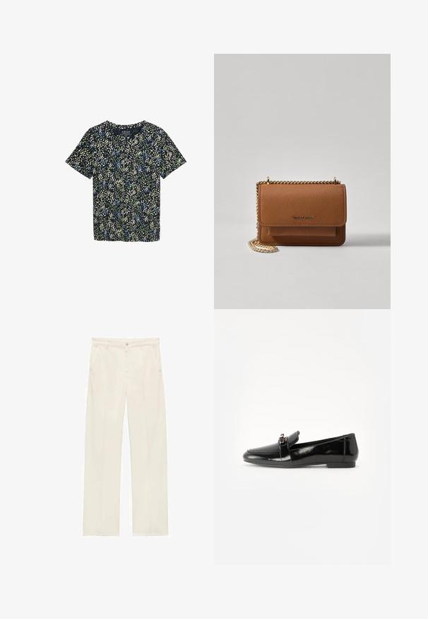 Kratké rukávy košile ve tmavě modré látce s květinovým vzorem zahrnujícím zelené, modré a krémové tečky. Kulatý výstřih s volným střihem.; Beige široké kalhoty vyrobené z hladkého materiálu, s předním zapínáním na knoflík, dvěma bočními kapsami a minimálními švy.; Černé lakované mokasíny s plochou podrážkou, zaoblenou špičkou a ozdobným páskem se zlatým akcentem. Hladký, lesklý povrch.; Hnědá texturovaná kožená kabelka přes rameno se zlatým řetízkovým popruhem a klopnovým uzavíráním. Přední strana obsahuje detail loga a kapsu pod klopou.
