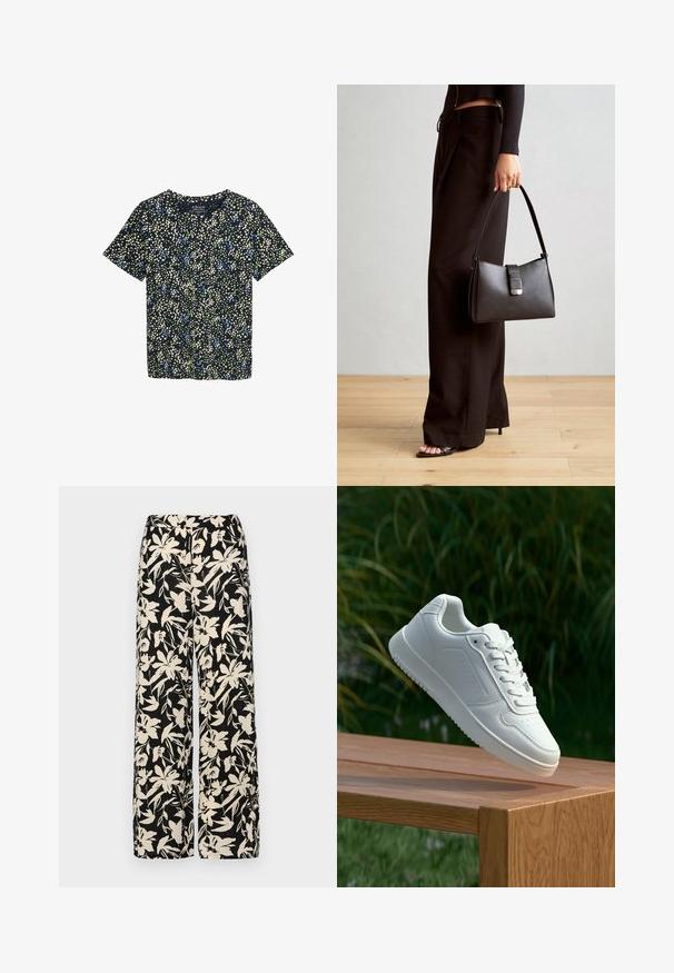 Majica s kratkimi rokavi v mornarsko modri tkanini z cvetličnim vzorcem, ki vključuje zelene, modre in kremne pike. Okrugli izrez z sproščenim krojem.; Črne široke hlače z kremnim cvetličnim vzorcem. Narejene so iz lahkega blaga, ki ima gladko teksturo in visok pas.; Bela teniska s gladkim sintetičnim zgornjim delom, perforiranim prednjim delom, ravnimi vezalkami in teksturiranim podplatom, prikazana na leseni površini.; Črna torbica z strukturirano obliko, gladko teksturo in kovinskim zaponko. Ujemajo se z širokimi črnimi hlačami in odprtimi sandali na lesenem tleh.