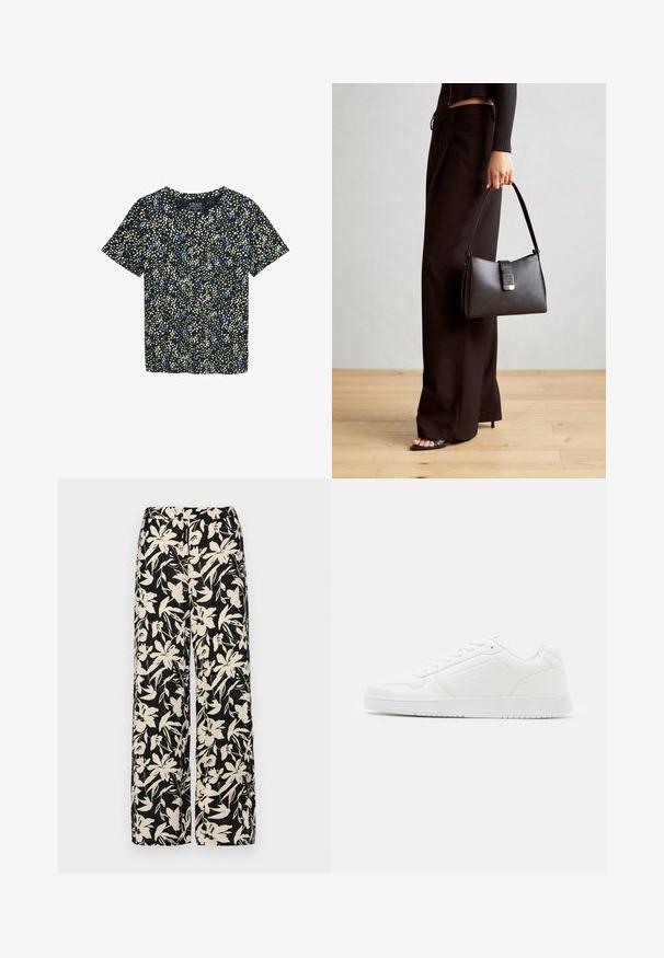 Lühikeste varrukatega särk tumesinisest kangast, millel on lilleline muster, kus on rohelisi, siniseid ja kreemjaid täppe. Ümmargune kaelus ja mugav lõige.; Mustad laiad püksid kreemja lillemustriga. Valmistatud kergest kangast, millel on sile tekstuur ja kõrge vöökoht.; Valged tossud, mis on valmistatud siledast sünteetilisest materjalist, ümarate varvastega, paeltesse sisestatav disain, tasasel tald ja peene perforatsiooniga detailid.; Must musta kott, millel on struktureeritud kuju, sile tekstuur ja metallist klamber. Kombineeritud laiate mustade pükstega ja avatud varvaste sandaalidega puidust põrandal.