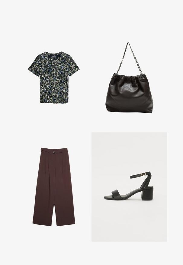 Short-sleeve shirt in navy fabric with a floral pattern featuring green, blue, and cream dots. Crew neck with a relaxed fit.; Stradivarius WIDE-LEG WITH BUCKLE DETAIL - Trousers - dark brown; Black heeled sandal featuring a smooth leather upper, an open toe, wide front straps, and adjustable ankle strap with a gold buckle detail.; Brown leather bag with a gathered top and a chain strap. Smooth texture with a glossy finish and subtle seam detailing on the sides.