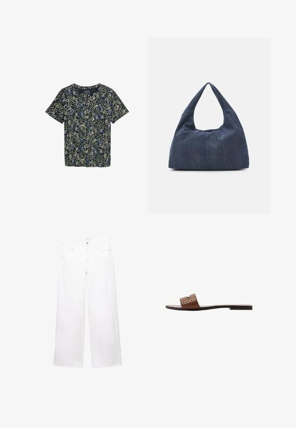Kortærmet skjorte i marineblå stof med et blomstermønster, der har grønne, blå og cremefarvede prikker. Rund hals med en afslappet pasform.; Hvide bukser med vid ben lavet af denim med en glat overflade. Har en knap- og lynlåslukning samt to forlommer og to baglommer.; Brun lædersandal med flad sål, der har en bred rem og hvide geometriske detaljer for et minimalistisk design.; Mørkeblå denimtaske med en blød, slasket form, der har et hobo-stil håndtag og en struktureret overflade. Ingen synlige metaldele.