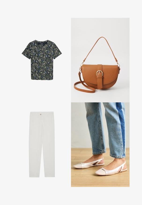 Maglietta a maniche corte in tessuto blu navy con un motivo floreale che presenta punti verdi, blu e crema. Collo a giro con una vestibilità rilassata.; Pantaloni bianchi su misura con design a gamba dritta, dotati di chiusura a bottone, passanti per cintura e tasche laterali; tessuto morbido.; Ballerine slingback rosa pallido con punta affusolata, realizzate in un materiale simile alla pelle liscio. Presentano dettagli a taglio sui lati e un tacco piatto.; Borsa a tracolla in pelle marrone con forma curvata, hardware dorato e un dettaglio con fibbia. Presenta una tracolla rimovibile.
