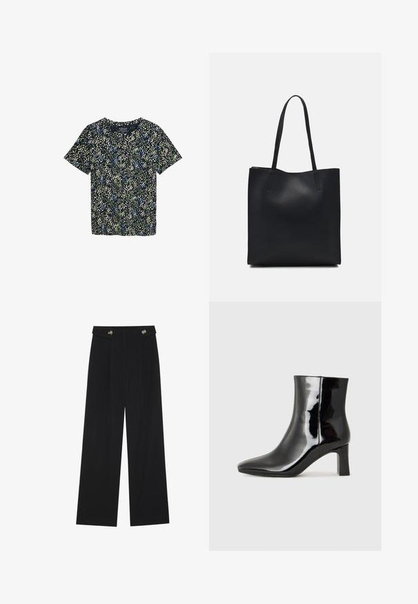 Maglietta a maniche corte in tessuto blu navy con un motivo floreale che presenta punti verdi, blu e crema. Collo a giro con una vestibilità rilassata.; Pantaloni neri a gamba larga con vita alta, dettagli con bottoni in vita e pieghe frontali.; Stivaletto in pelle verniciata nera con punta a punta e tacco a blocco di altezza media. Texture liscia e design minimalista.; Borsa tote in pelle nera con texture liscia, forma rettangolare e due manici lunghi. Nessun hardware o decorazione visibile.