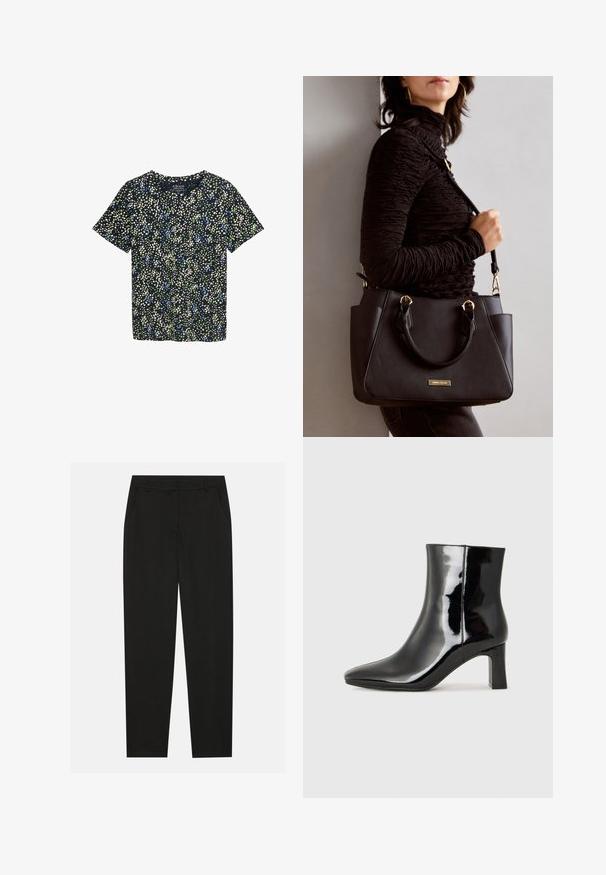Maglietta a maniche corte in tessuto blu navy con un motivo floreale che presenta punti verdi, blu e crema. Collo a giro con una vestibilità rilassata.; Pantaloni neri dal design sartoriale, con tasche laterali e gamba dritta. Realizzati in tessuto liscio e leggero con una finitura elegante.; Stivaletto in pelle verniciata nera con punta a punta e tacco a blocco di altezza media. Texture liscia e design minimalista.; Borsa nera con superficie texturizzata, manici superiori doppi e tracolla regolabile. Dotata di hardware color oro e tasche laterali.