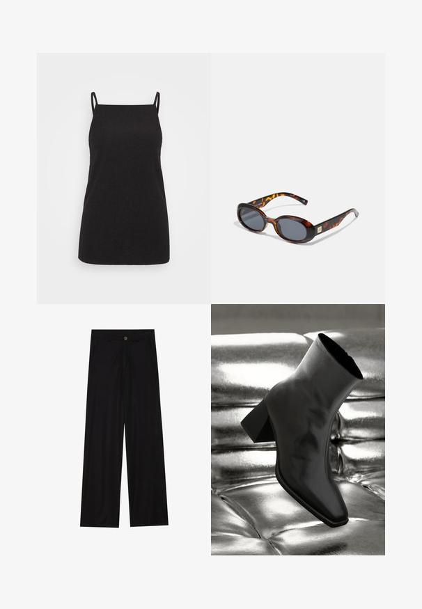 Črna brezrokavnica z tankimi naramnicami, ki ima gladko, teksturirano blago in raven rob. Preprost dizajn, primeren za plastenje.; Široke črne hlače iz gladkega materiala, ki imajo sprednje žepe in gumbno zapiranje v pasu. Minimalistična zasnova brez vzorcev.; Črne gležnjarje iz sijočega materiala s kvadratnim prstom in zoženim peto, postavljene na sijoče srebrno oblazinjeno ozadje.; Rjave torbice za sonce s ovalnimi lečami in temno sivo subtančno. Opremljene z zlatim dekorativnim detajlom na templjih. Gladek plastičen tekstura.