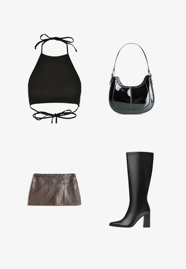 Top bikini nero a collo alto realizzato in tessuto a costine; presenta nastri regolabili al collo e una schiena con taglio e dettaglio annodato.; Minigonna in pelle marrone con vita decorata da borchie e passanti per cintura con fibbia, texture liscia e design aderente e dritto.; Stivale nero al ginocchio realizzato in pelle sintetica, con punta affusolata, texture liscia e tacco a blocco spesso. Design minimalista senza decorazioni visibili.; Borsa a mano in pelle verniciata nera, con design curvo, chiusura con zip e un solo manico a spalla caratterizzato da hardware e cuciture in tono argento.