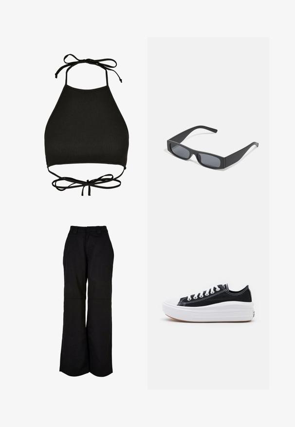Črn bikinast doprsni del v halter slogu, izdelan iz rebraste tkanine; ima nastavljive vezalke na vratu in izrezan hrbet z vezanim detajlom.; Črne široke hlače z gladko teksturo, dvema sprednjima žepoma in brezšivim pasom za enostavno oblačenje.; Črne platnene športne copate z belimi vezalkami, belim gumijastim prstnim zaščitnikom in masivnim belim srednjim podplatom. Imajo subtilne bele šive in gumijast podplat.; Črne pravokotne sončna očala s temnimi lečami in debelimi mat okvirji. Ročaji so rahlo ukrivljeni in imajo gladko teksturo.