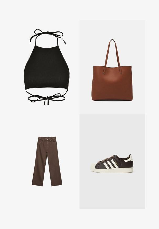 Czarny biustonosz bikini w stylu halter wykonany z prążkowanej tkaniny; posiada regulowane wiązania na szyi oraz wycięcie z tyłu z detalem w postaci węzła.; Szerokie brązowe dżinsy wykonane z denimu, z wysokim stanem, przednimi kieszeniami i klasycznym zapięciem na guzik. Gładka faktura z subtelnym przeszyciem.; Niskie trampki Adidas Superstar z ciemnobrązowej skóry z kremowym noskiem w kształcie skorupy, białymi paskami i napisem „Superstar” po boku.; Brązowa skórzana torba tote o gładkiej fakturze, z otwartym wierzchem i dwoma ramiączkami. Charakteryzuje się minimalnym przeszyciem i brakiem widocznych elementów metalowych.