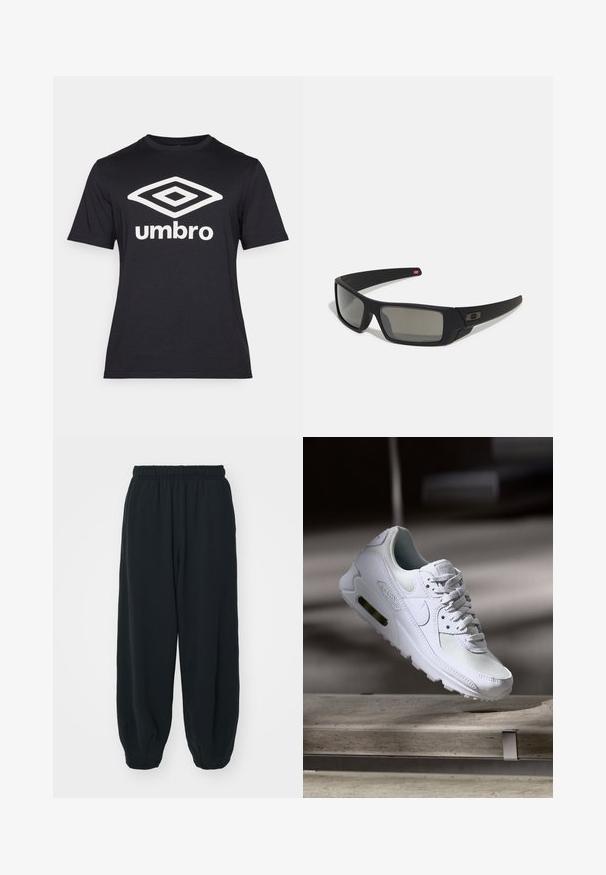 Black short-sleeve t-shirt made of cotton, featuring a large white diamond logo and text "umbro" across the front. Classic fit design.; Black, elasticated-waist sweatpants with a loose fit, cuffed ankles, smooth texture, and no visible patterns or hardware accents.; White Nike Air Max 90 sneaker featuring a mesh and leather upper, perforated toe box, and a visible air unit in the heel.; Black sunglasses with a matte finish, rectangular lenses, slight curve on temples, subtle logo detail, and smoke-tinted lenses.