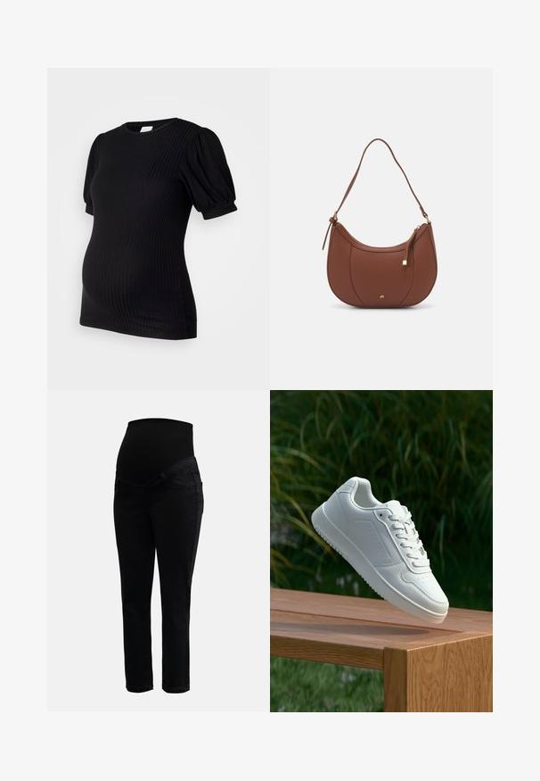 Black ribbed maternity top with short puff sleeves, round neckline, and a fitted silhouette designed for comfort during pregnancy.; Black maternity jeans with stretchy high waistband and slim-fit legs, designed for comfort and support during pregnancy.; White sneaker with a smooth synthetic upper, perforated toe box, flat laces, and a textured sole, displayed on a wooden surface.; Brown faux leather shoulder bag with curved shape, minimal stitching, and a gold-tone hardware accent. Features a top zipper closure and adjustable strap.