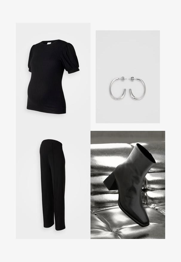 Sort ribbet graviditetstop med korte pufærmer, rund halsudskæring og en tætsiddende silhuet designet til komfort under graviditeten.; Sorte, højaljede bukser med lige pasform, der har en glat tekstur og ingen synlige lukninger, fremhævet af detaljer i sidesømmene.; Sorte ankelstøvler lavet af glossy materiale med firkantet tå og spidse hæle, sat mod en skinnende sølv tuftet baggrund.; Sølv øreringe i cirkel med en glat, skinnende overflade, der har en buet form og lukning med stift bagpå. Minimalistisk design med et moderne udseende.