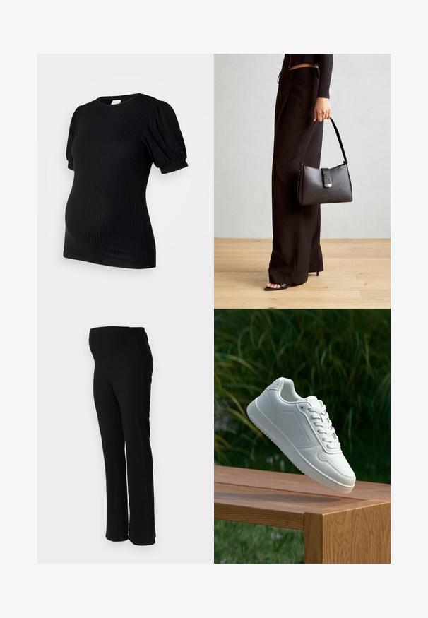 Top de maternidade preto canelado com mangas curtas bufantes, decote redondo e silhueta ajustada, projetado para conforto durante a gravidez.; ONLY MATERNITY OLMHALLE - Calças - black; Sapatilha branca com um cabedal sintético liso, caixa dos dedos perfurada, atacadores planos e uma sola texturizada, exposta sobre uma superfície de madeira.; Bolsa preta com forma estruturada, textura suave e um fecho metálico. Combinada com calças largas pretas e sandálias de salto aberto sobre um chão de madeira.