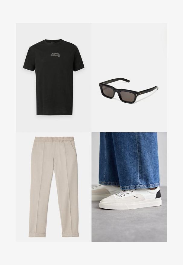 Juodas medvilnės marškinėliai su trumpomis rankovėmis, apvaliu iškirpimu ir kontrastinga siuvinėta "Armani Exchange" logotipu ant krūtinės.; Filippa K TERRY CROPPED TROUSERS - Kelnės - sage melange; Balti ir balti sportbačiai su lygaus odos paviršiumi, tekstūruotais akcentais ir masyviu baltu padu. Turi klasiką primenančią raištelių užsegimo sistemą.; Juodos stačiakampės akinių nuo saulės su tamsiais objektyvais, storu plastiko rėmu, auksinėmis detalėmis ant šventyklų ir prekės ženklo logotipu išgraviruotu ant šono.