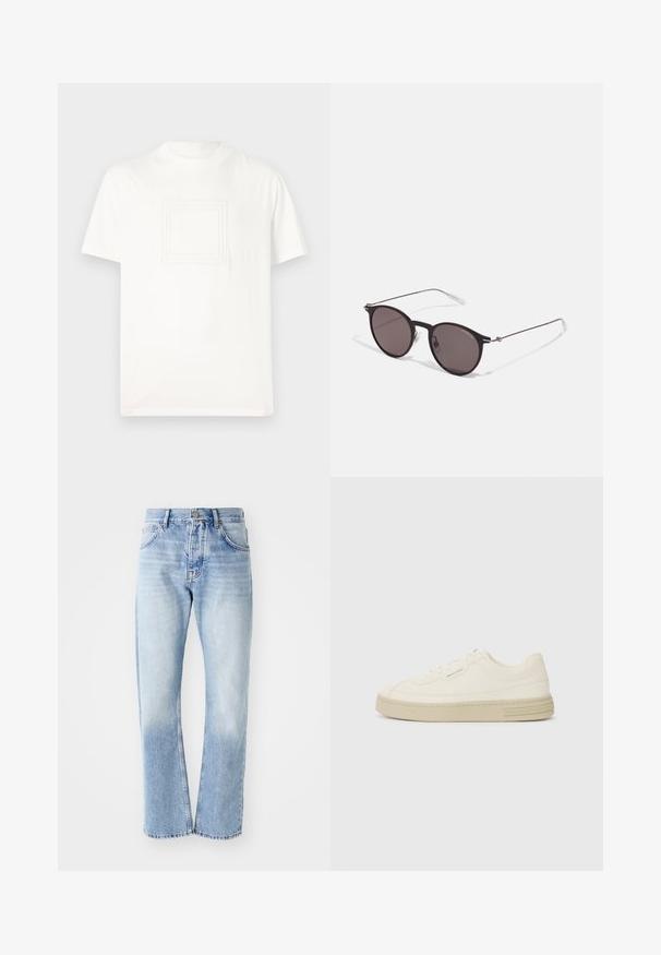 Hvit T-skjorte med korte ermer laget av glatt bomull, med en teksturert firkantet logo på forsiden. Rund hals og avslappet passform.; Lyse blå denimjeans med rett ben. Har fem lommer, knappestolpe og en falmet tekstur mot bunnen.; Hvite lerrets sneakers med en teksturert gummisåle, med en sydd tåhette og logo aksent på hælen. Enkel snøring.; Sorte, runde solbriller med mørke linser og slanke metalarmer. Inkluderer klare temple tips og sølvfargede detaljer ved hengslet. Minimalistisk design.