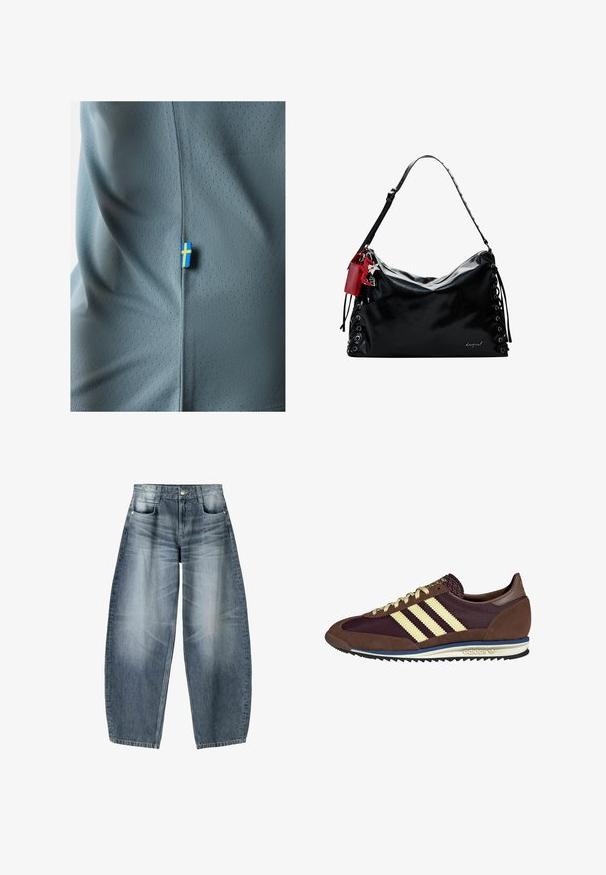 Grijze sportshirt met een twee-dimensionaal mesh ontwerp, met een klein blauw en geel label dat een vlag toont aan de zijnaad.; Wijd gesneden jeans van lichtblauwe denim met vervaging, met een vijf-pocket ontwerp, knoopsluiting en minimale stikdetails.; Bruine en bordeauxkleurige sneaker van suede en mesh materiaal, met drie crèmekleurige strepen, een gemêleerd stof op de tong en een rubberen zool.; Zwarte leren handtas met een slouchy ontwerp, vetersluiting aan de zijkanten en een rode accentlabel. Heeft een lange verstelbare schouderriem.