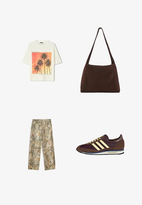 White short-sleeve T-shirt featuring a graphic print of black palm trees against a gradient orange and pink background, with text.; Camouflage pants with a multi-toned green and brown leafy pattern, featuring a standard five-pocket design and a loose fit.; Brown and burgundy sneaker with suede and mesh materials, featuring three cream stripes, textured fabric on the tongue, and a rubber sole.; Brown suede shoulder bag with a slouchy shape, single wide strap, and simple design. Features visible stitching along the edges.