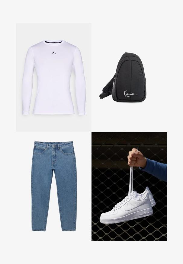 T-shirt de sport blanc à manches longues, ajusté, avec un col rond et un petit logo Jumpman noir centré sur la poitrine.; Jean en denim bleu avec une coupe droite, cinq poches et une fermeture éclair. Caractéristiques de surpiqûres visibles et d'une texture délavée.; Baskets en cuir blanc avec perforations, à bout rond, semelle plate et lacets épais, arborant un logo swoosh visible et "AIR" sur le talon.; Sac à dos en toile noire avec une texture lisse, arborant un design courbé, un compartiment zippé et un logo blanc sur le devant.