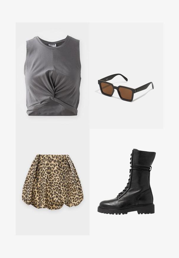 Grå ärmlös crop top i mjuk bomull, med en tvinnad framdetail och en figurnära design. Slät textur med rund halsringning.; Sister Jane LOLA SKIRT - A-linjekjol - tan; Svarta läderkampboots med en texturerad yta, knähöga med snörning framtill och en kraftig gummisula med räfflat mönster.; Svarta fyrkantiga solglasögon med bruna linser, med en matt yta och guldaccenter på ramen. Designen är vinklad med breda bågar.