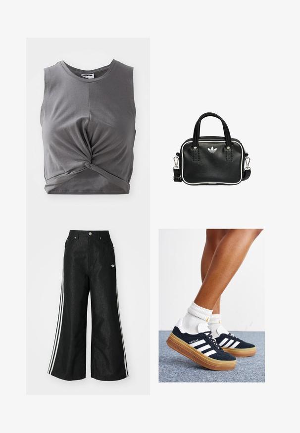 Harmaa hihaton cropped toppi, joka on valmistettu pehmeästä puuvillasta. Siinä on kierretty etuosa ja tiukka muotoilu. Sileä kangas ja pyöreä kaula-aukko.; Mustat leveät farkut kolmella valkoisella raidalla jokaisella sivulla ja pienellä valkoisella logolla. Ominaisuuksiin kuuluvat etutaskut ja napitus.; Musta mokkanahkainen tennari, jossa valkoiset raidat ja yksityiskohdat, pyöreä kärki, purukumipohja, yhdistetty valkoisiin ribbineuleisiin nilkkasukkiin.; Musta nahkainen käsilaukku, jossa on kaksi lyhyttä kahvaa, hopeiset yksityiskohdat, valkoiset tehosteet ja valkoinen logo. Sisältää teksturoidun pinnan ja kompaktin muotoilun.