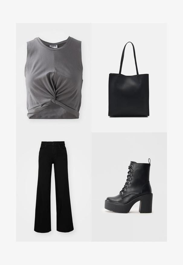 Top scurt gri fără mâneci realizat din bumbac moale, având un detaliu în față răsucit și un design ajustat. Textură netedă cu un decolteu rotund.; Pantaloni negri cu picioare largi, din denim, cu un brau structurat, bucle pentru curea și buzunare frontale. Textură netedă, cu un design clasic.; Cizmă din piele neagră până la gleznă, cu toc chunky și un aspect texturat, având sistem de prindere cu șireturi în partea din față. Include o bandă în spate pentru o purtare ușoară.; Geantă tote neagră din piele, cu textură netedă, formă rectangulară și două mânere lungi. Fără hardware vizibil sau ornamente.