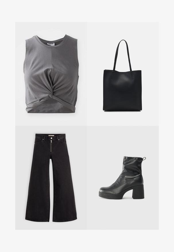 Gray sleeveless crop top made of soft cotton, featuring a twisted front detail and a fitted design. Smooth texture with a round neckline.; Wide-leg jeans in black denim with a zippered front, five-pocket design, and subtle stitching details. Smooth texture and casual style.; Black ankle boots made of smooth leather, featuring a side zipper, chunky textured heel, and rounded toe design.; Black leather tote bag with smooth texture, rectangular shape, and two long handles. No visible hardware or embellishments.
