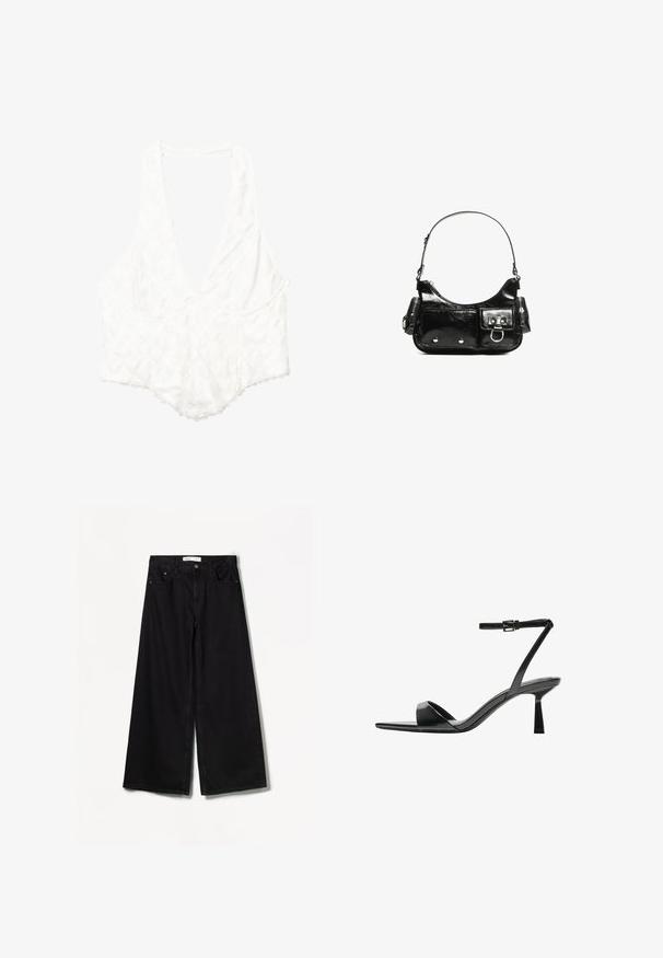 Witte top met een diepe V-hals, bloemtextuurpatroon, gegolfde randen en een losse pasvorm. Gemaakt van lichte stof.; Bershka WIDE-LEG - Wide leg - black; Bershka Sandalen met hoge hak - black; Zwarte laarzen in lakleer met een gebogen vorm, één schouderband, voorvakken en accenten in zilverkleurig metaal.