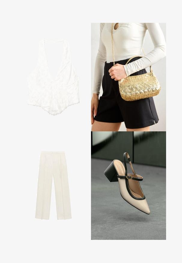 Valkoinen paita, jossa on syvä V-pääntie, kukkakuosiset tekstuurit, aaltoilevat reunat ja löysä istuvuus. Valmistettu kevyestä kankaasta.; Valkoiset leveälahkeiset housut vaaleassa kermassa. Valmistettu sileästä kankaasta, jossa on laskokset edessä ja sivutaskut.; Beige slingback-kengät, joissa on musta reuna, kultahakas, ja paksu lohkoheel, harmaalla lattialla tummanvihreää taustaa vasten.; Käsilaukku kullanvärisistä paljeteista, jossa on suorakaiteen muotoinen muotoilu, lyhyt kahva ja pitkä ketjuhihna. Pinta on kiiltävä ja heijastava.