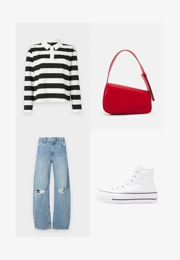 Čierno-biely pruhovaný polo svetri s dlhým rukávom a plochým golierom, s rovnými okrajmi a mäkkou, textúrovanou tkaninou.; Svetlomodré, vysoké džínsy vyrobené z denimu. Majú široké nohavice, dve roztrhnuté kolená a klasický päťvreckový strih.; Biele vysoké plátené tenisky s čiernou gumovou podošvou, prednou gumovou špičkou a šiestimi okami na šnúrky, s čistým, minimalistickým dizajnom.; Červená kožená kabelka s ostrým, geometrickým dizajnom. Má jeden nastaviteľný popruh a uzatváranie na klopu so šitím.